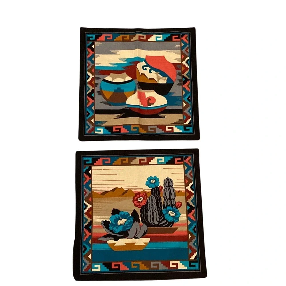 VTG Cranston Print Works Fabric Southwestern Style Pillow Covers Set of 2 15x15